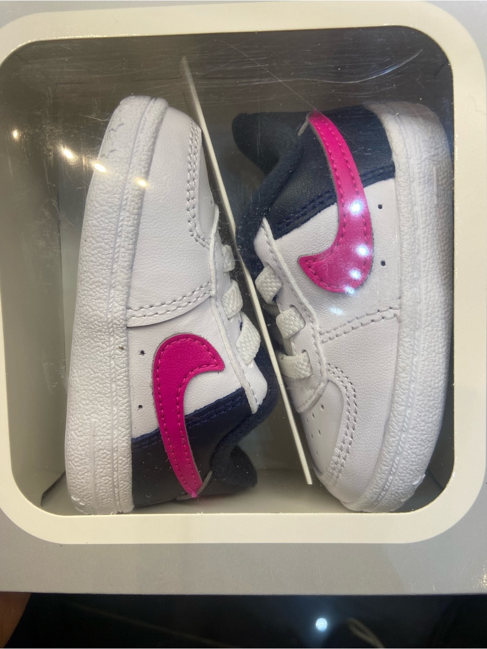 Nike AF1 crib size 2 Kids White Navy Sneakers with Bright Pink Swoosh